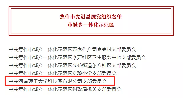河南理工大學(xué)科技園黨支部獲得“焦作市先進基層黨組織”榮譽稱號